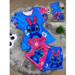 5T04 Pink Blue Stitch Two Piece Pajama Set